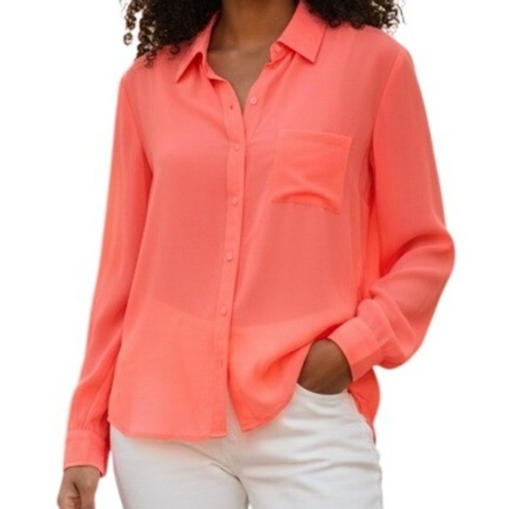 KUT FROM THE‎ KLOTH Neon Coral Button Down Semi Sheer Chiffon Blouse NWT Size XS